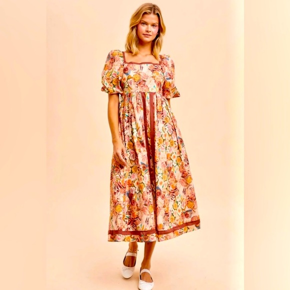 NWT In Loom Boho Floral Midi square neck Cotton Dress multicolor - Picture 7 of 10